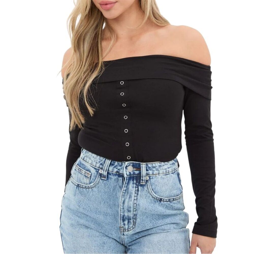 I Saw It First Womens/Ladies Button Front Fitted Bardot Top / Black